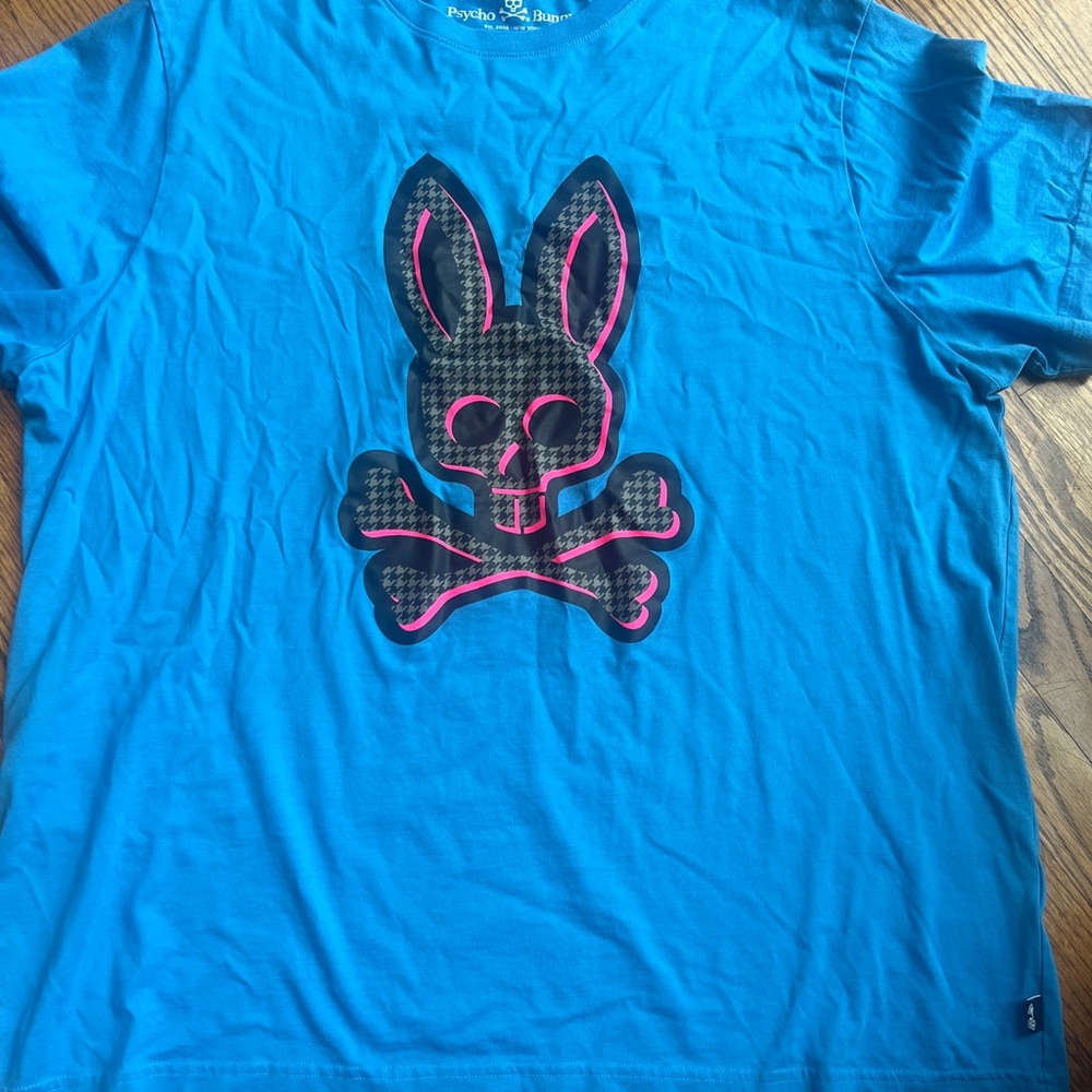 Psycho Bunny Blue Tee with Pink and Black Bunny Skull